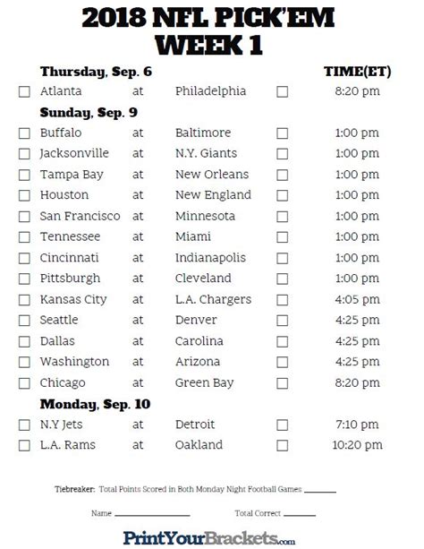 Printable NFL Weekly Pick'em Pool Sheets and .